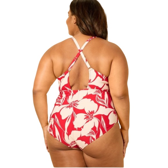 Shade & Shore Red and Cream Floral High-Neck One-Piece Swimsuit - Picture 2 of 5